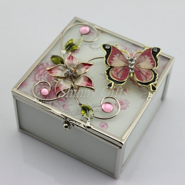 Shinny Gifts Butterfly & Flower Brass and Glass Jewelry Box
