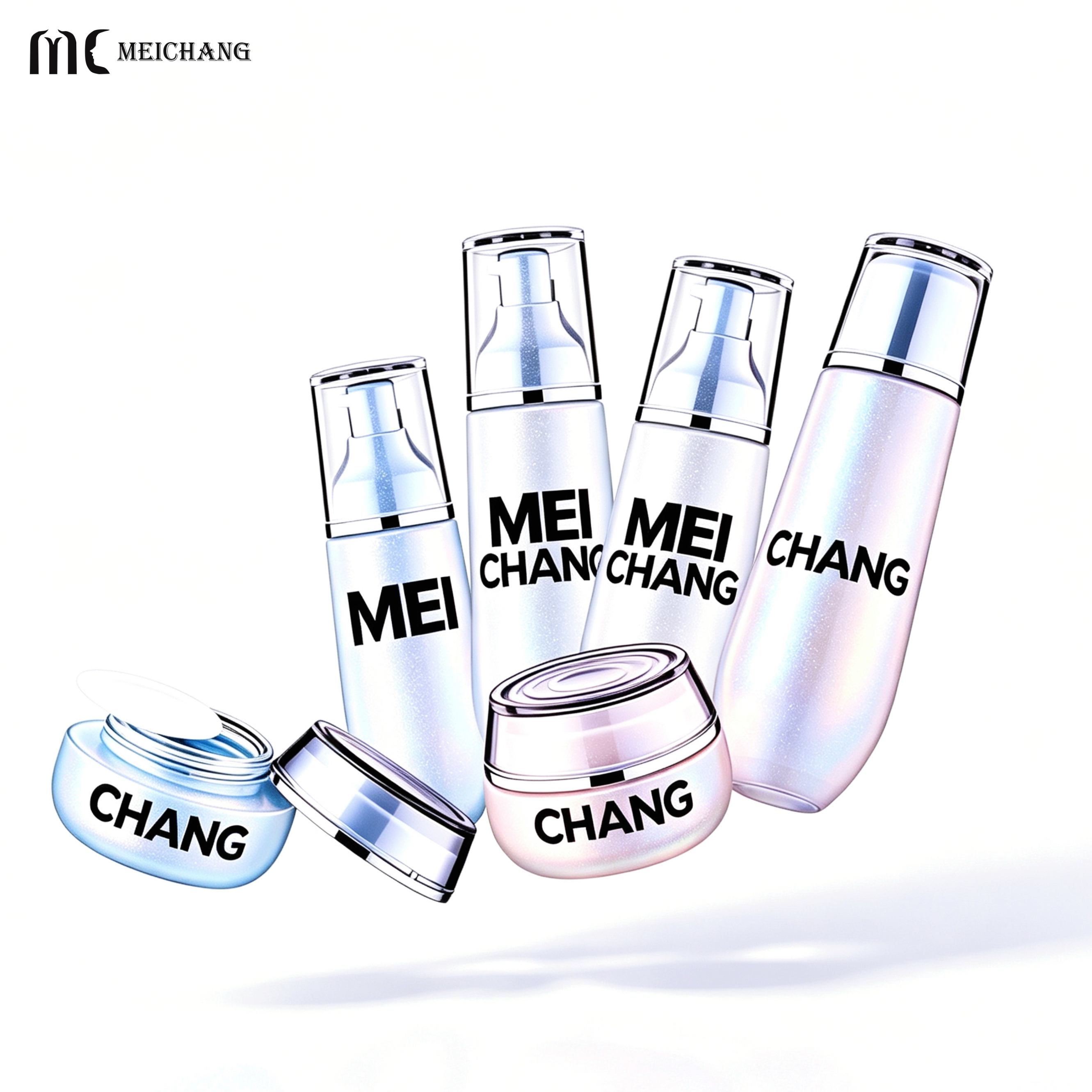 30g/50g/30ml/100ml/120ml Curved Teardrop Oval Glass Skincare Packaging Set with Silver Plated Pump Caps(MC-332)