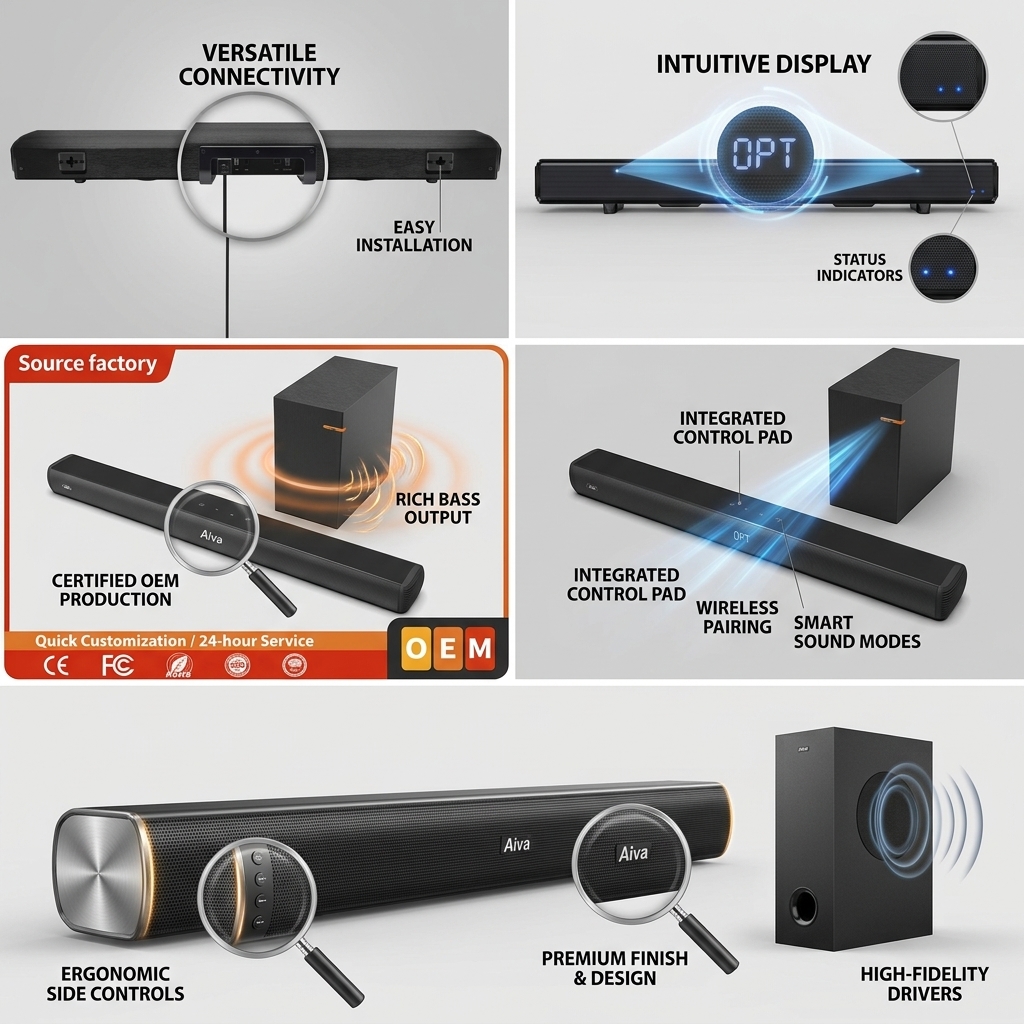 Wireless Soundbar Speaker ASW150-2.1UR 100W Subwoofer Round FM Surround Sound ARC HDMI