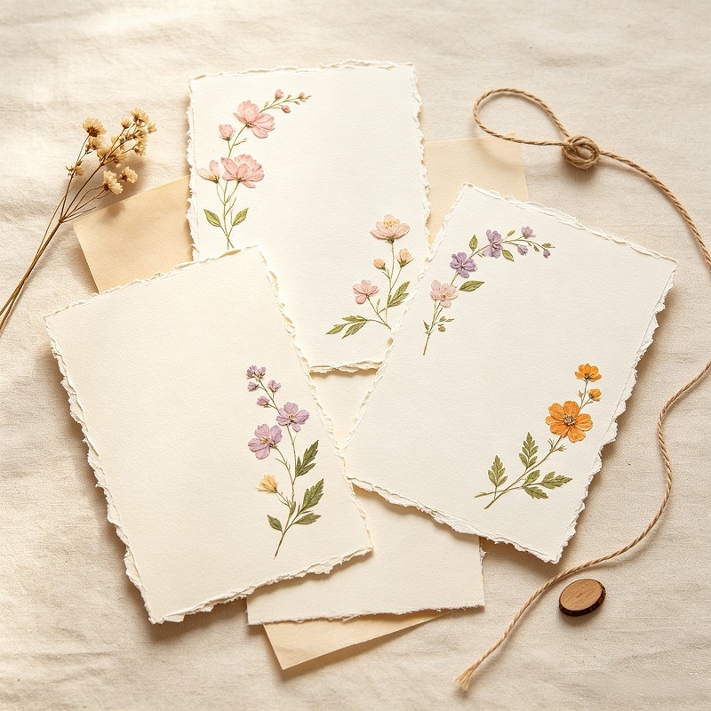 Custom handmade deckle edge wedding invitation with pressed flowers