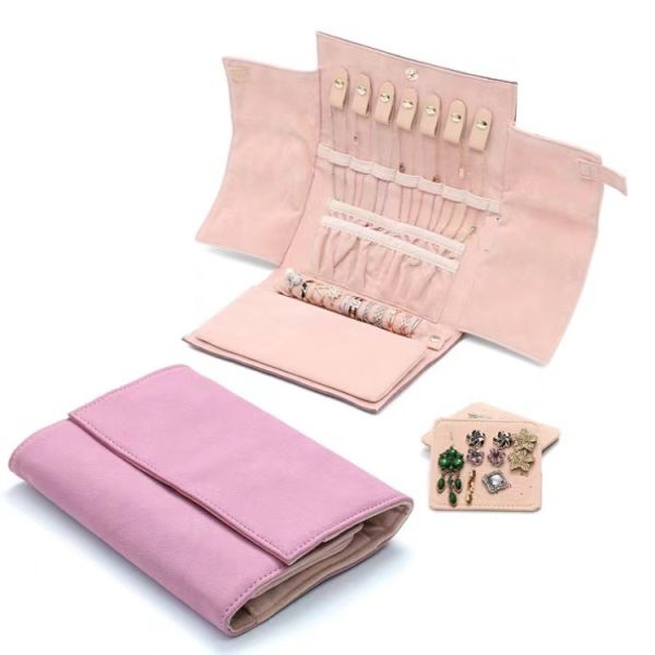 Silk Screen Travel Jewelry Organizer Roll Women Microfabric Fold Up Jewelry Organizer