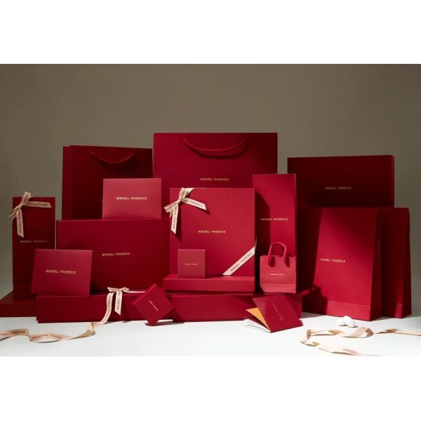 Luxury Gift Bag Premium Red Gold Branded Packaging Satin Ribbon Handle Luxury Brand Presentation