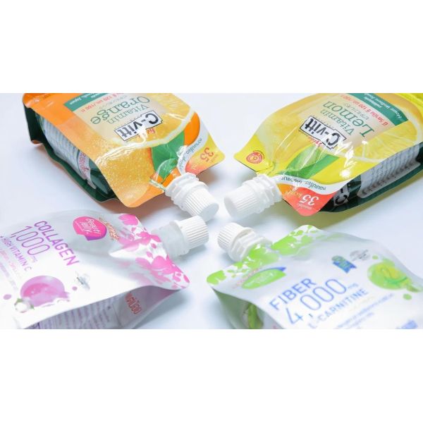 Biodegradeble Self Standing Liquid Pouch Vitamin Orange Lemon OEM Juice Packaging