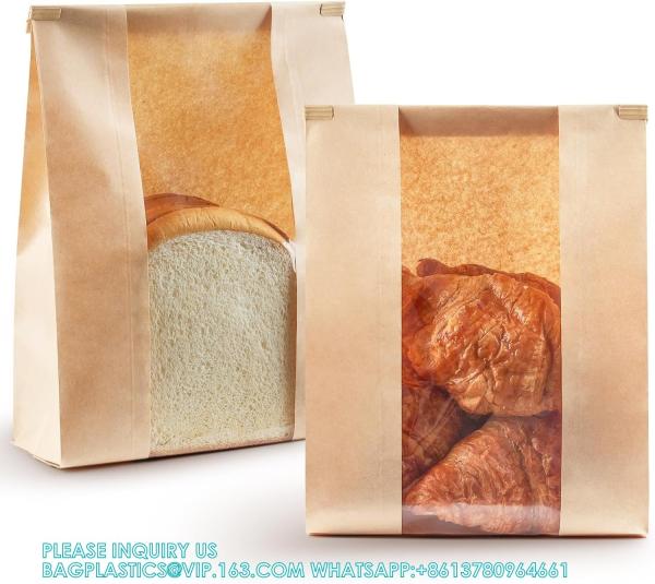 Large Kraft Paper Bread Bags Homemade Bread Loaf Bags 14 X 8.3 X 3.5 With Tin Tie Tab Lock Clear Front Window