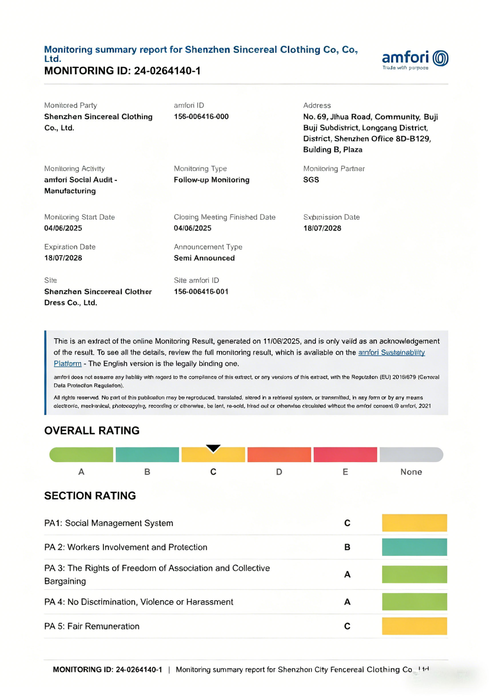 Shenzhen Sincereal Clothing Co., Ltd. Certifications