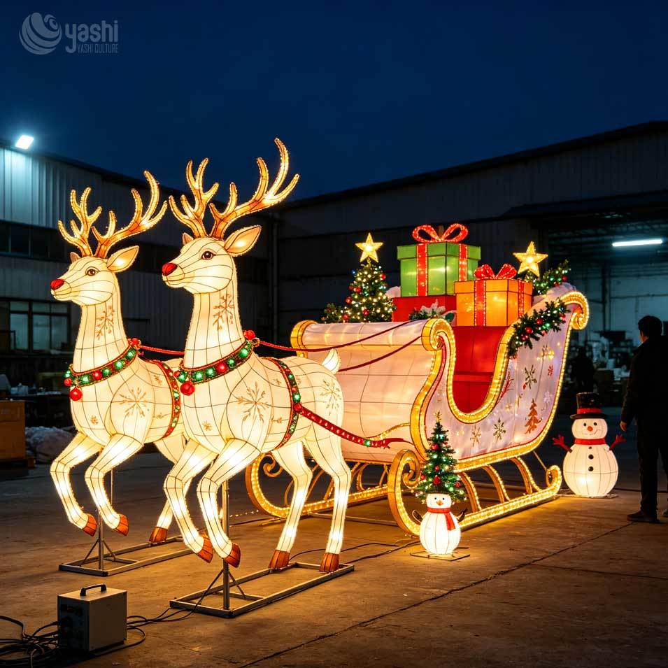 Large Christmas Scene Reindeer Festival Lantern Set With Gift Boxes For Outdoor Christmas Lighting In Theme Parks And Scenic Spots