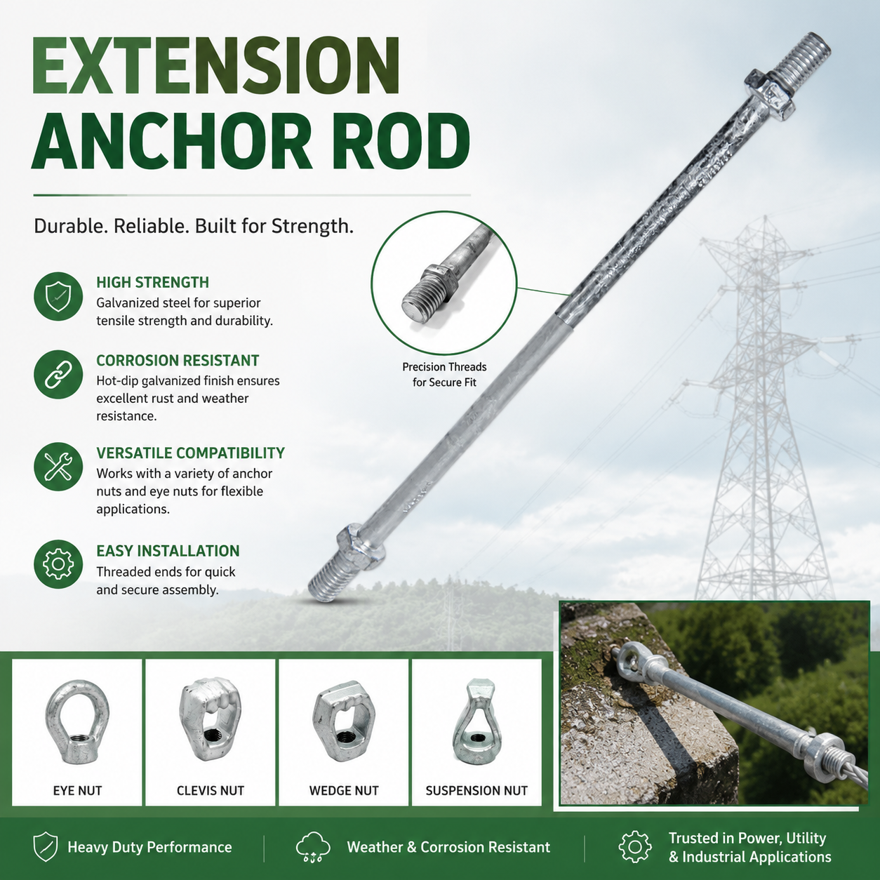 Extension Anchor Rod | HDG Guy Rod Coupling | IEEE C135.2 Extension Rod