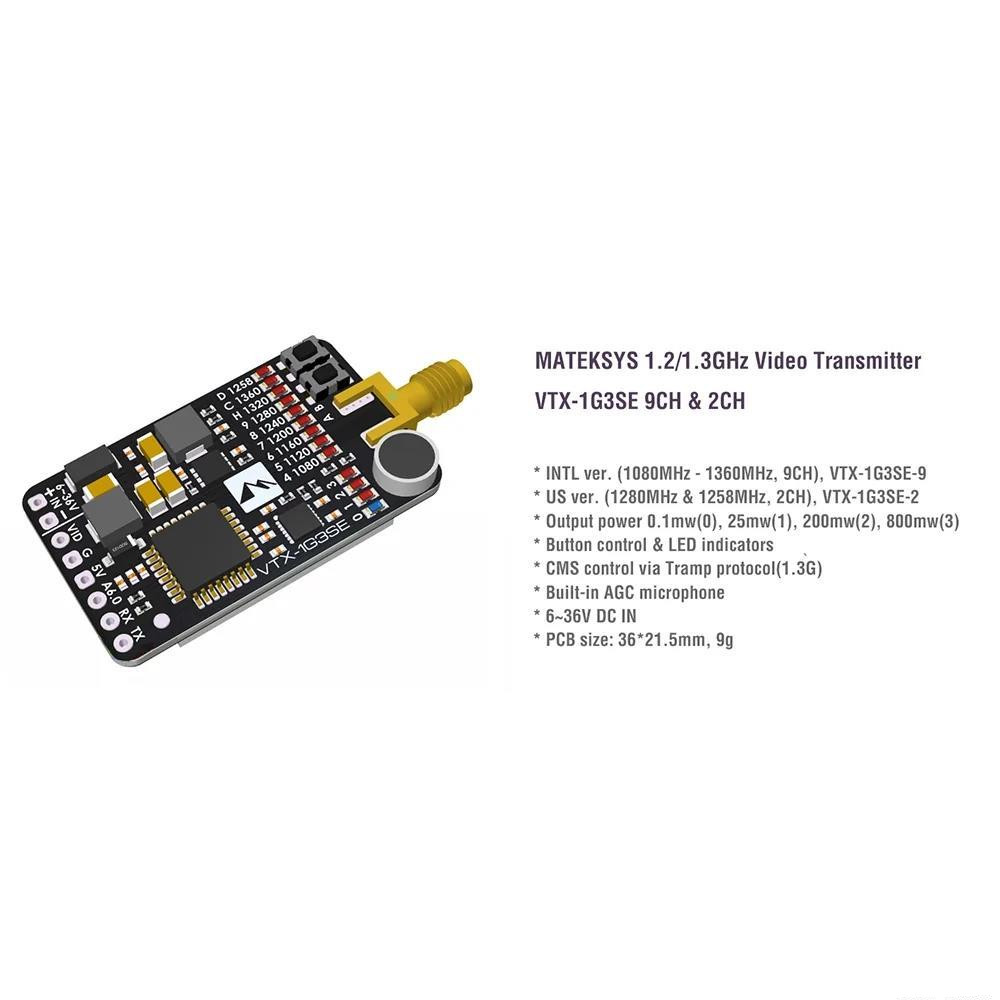 Matek Systems Vtx-1g3se-9 1.2ghz 1.3 9ch Fpv Video Transmitter with Vrx-1g3-V2 9 Wid Band Receiver
