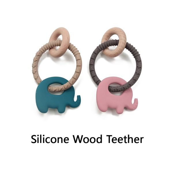 Food Grade Elephant Silicone Beech Wooden Teething Toys For Young Babies