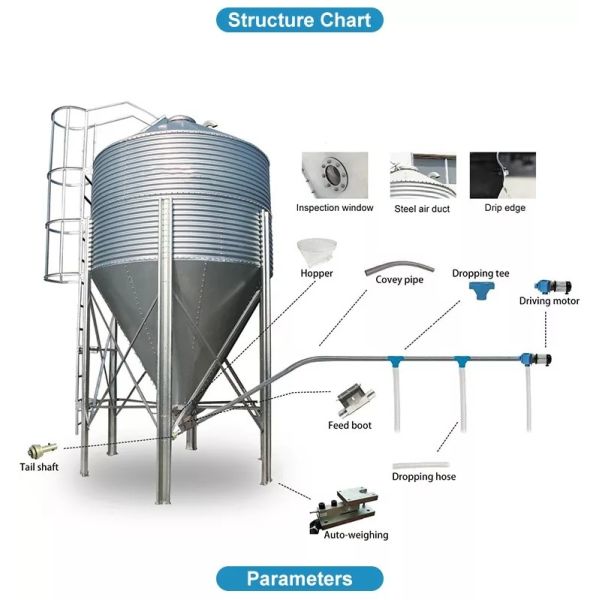 4T - 33T Chicken Feed Bin Steel Grain Feed Storage Silo For Poultry Farm