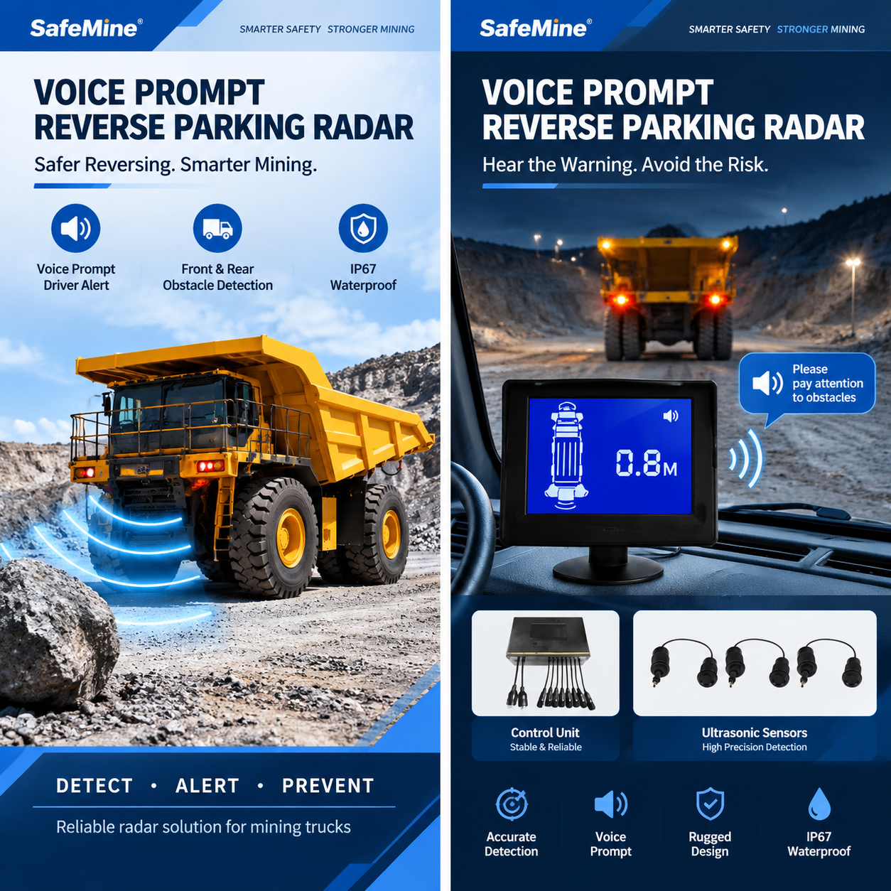 Mining Truck Reverse Parking Radar System with CAN Bus, Voice Alert and 8 Ultrasonic Sensors for Heavy Duty Vehicles