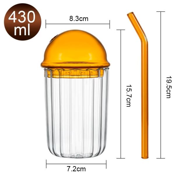 Customized Drinking Glass Coffee Ice Cup Bubble Tea Mug Glass Tumbler With Glass Dome Lid And Straw