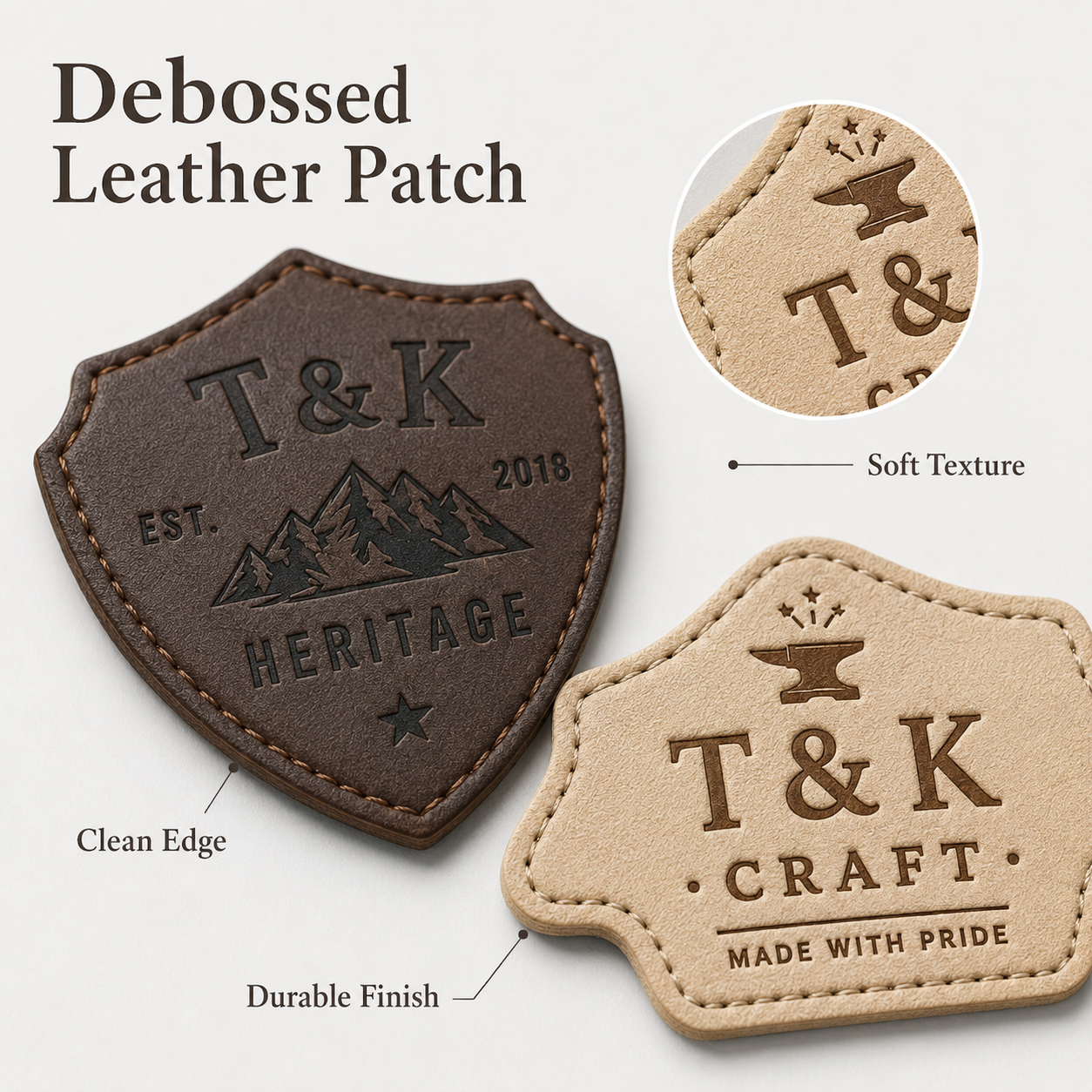 Custom Irregular Shape Heat Press Leather-Look Clothing Patches with Embossed Logo for Jackets Denim Hats Bags and Apparel Branding