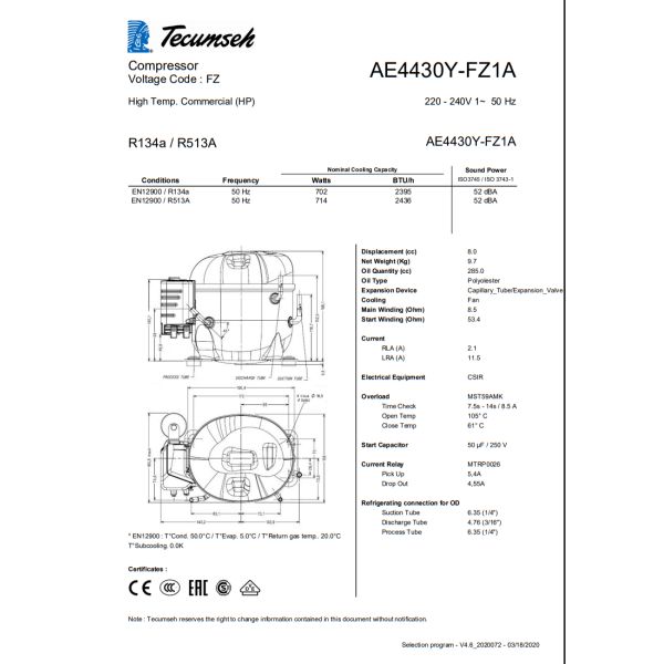 R134a/R513a AE4430Y-FZ1A Hermetic Piston Refrigeration Compressor 220-240V 1PH 50Hz