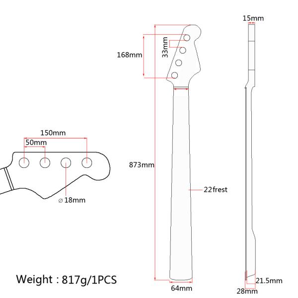 Comprimento 873MM 5 Bass de corda Guitarra pescoço Fingerboard 21 Frets Ajuste de cabeça