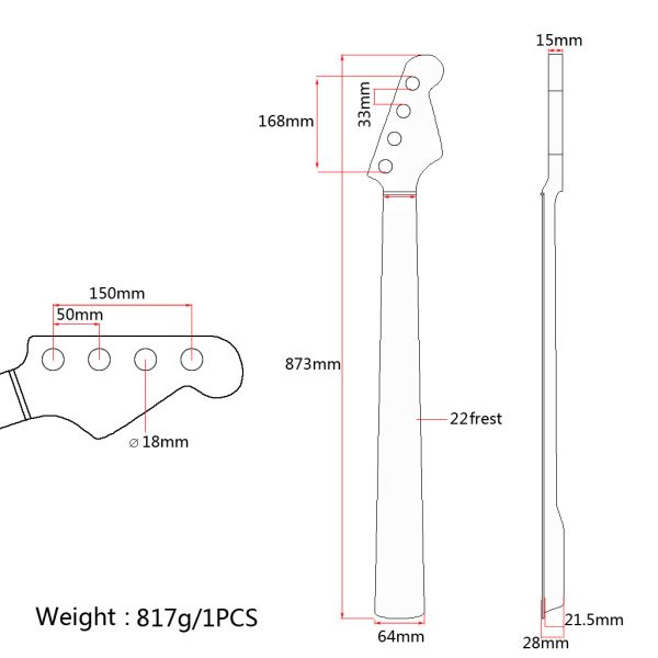 Длина 873 мм 5 струнный бас Гитара шея Fingerboard 21 Frets Headstock регулировка