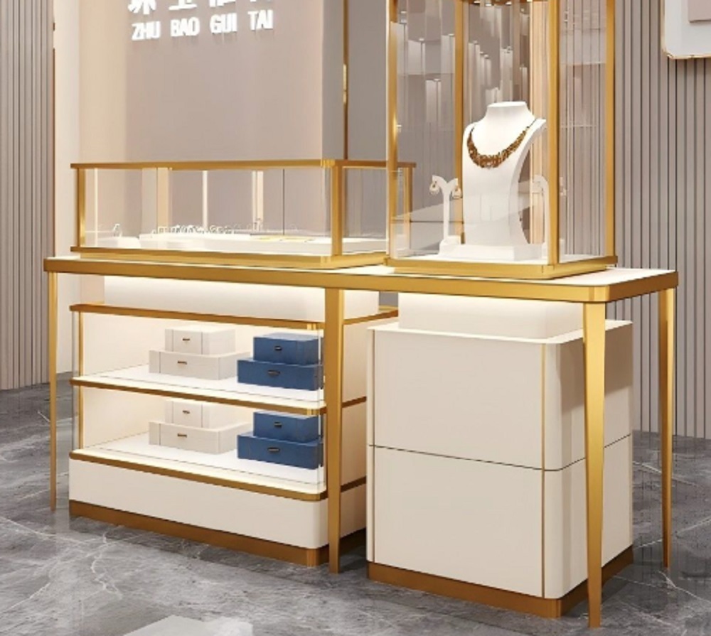 Luxury Gold Jewelry Display Case High End Custom Jewelry Showcase Glass Leather Finish LED Durable High Quality for Jewelry