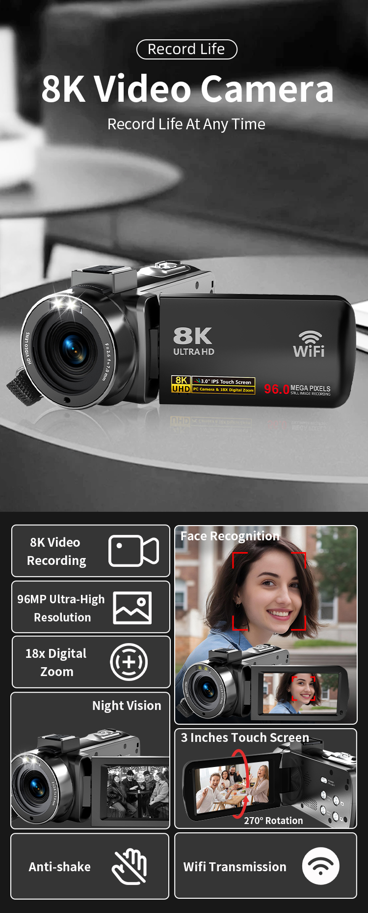 8K 96MP Professional Video Camera with 18X Zoom Anti-Shake WiFi Ideal for Vloggers Photographers and Beginners As Christmas Gift