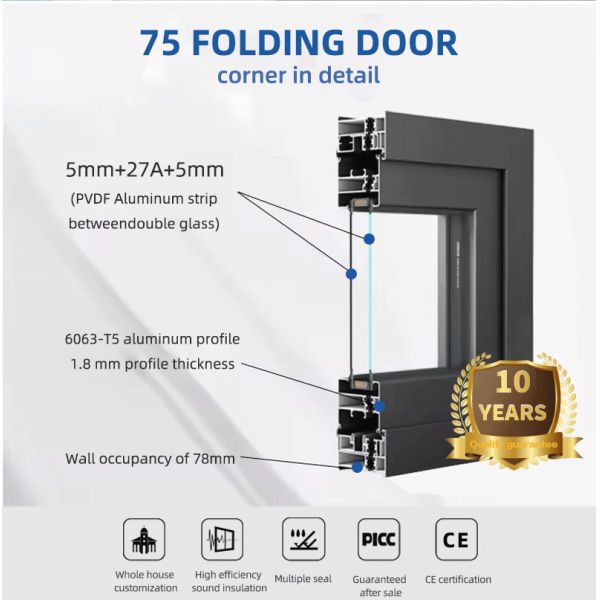 Thermal Break  Impact proof Soundproof Commercial  Accordion Folding Aluminum Doors Double Glazed BiFolding Door
