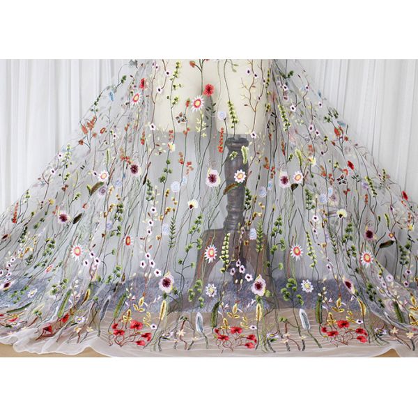 Tulle colorida francesa bordó la tela nupcial del cordón para el vestido de noche con las flores 3D