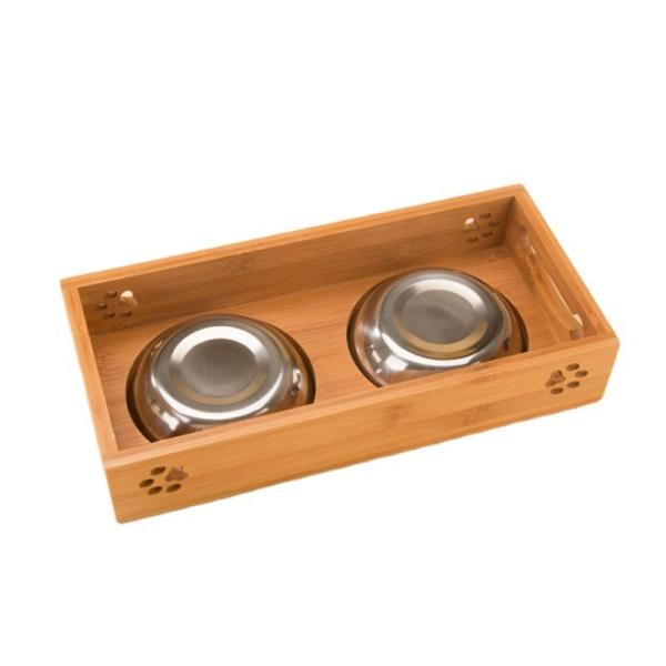 Eco Friendly Bamboo Raised Dog Bowl Feeder Rectangle For Cats