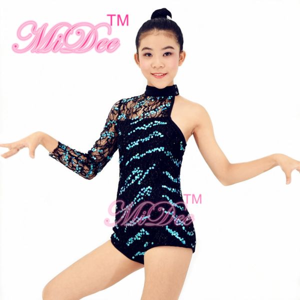 Full Sequin Lace One Sleeve Leotard Asymmetric Jazz Tap Costumes For Children