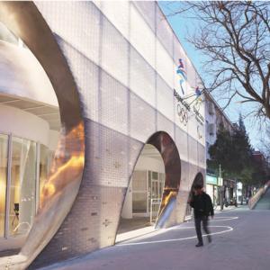 商業 道路 の 玄関 面 の 設計: ガラス ブロック の カーテン,昼 の 壁,夜 の 都市 照明 画