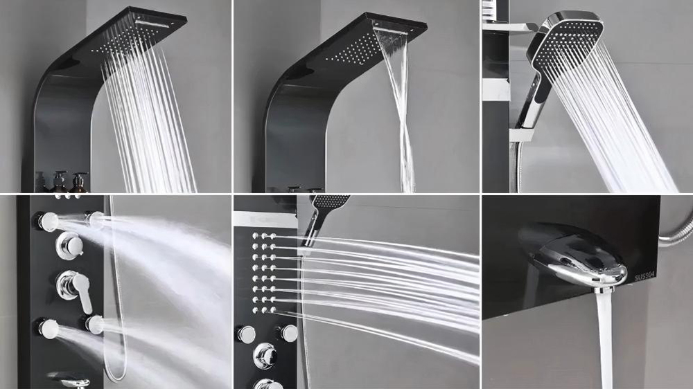 Modern Stainless Steel Luxury Bathroom Shower Panel 304 Rainfall Showerhead Handheld Spray Matte Black Surface with Backside massage function