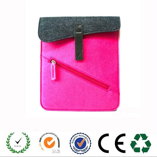 Custom purple green yellow felt laptop bag with front zipper pockets