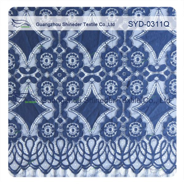 Beautiful Deep Blue Geometric Cotton Nylon Stretch Lace Fabric / Lace Curtain Fabric