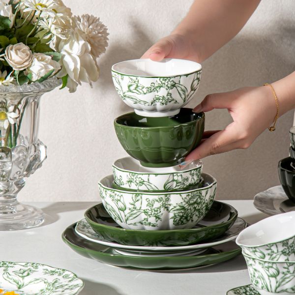 24-Piece Ceramic Dishes Set Green Pumpkin Kitchen Utensils For Porcelain Table Plates