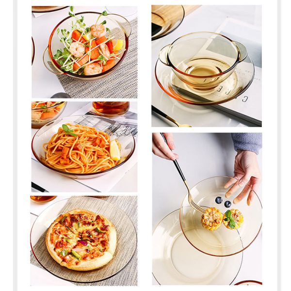 Restaurant Amber Microwave Heated Glass Tray Bowl Set