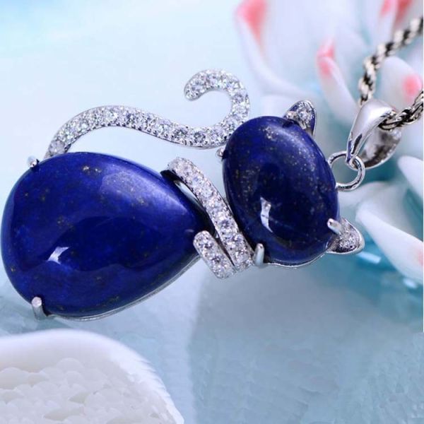 Sterling Silver Lapis Lazuli Cat  Shape Women Pendant Necklace (048817W)