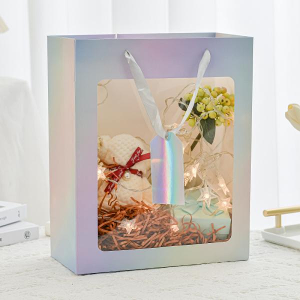Pastel Gradient Window Gift Bags with Ribbon Handles Transparent Floral Birthday gift