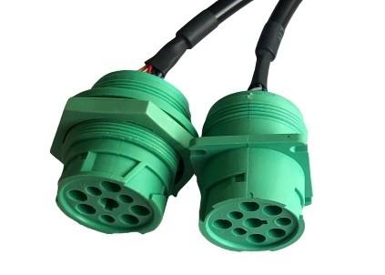 Green Deutsch 9 Pin J1939 Female to J1939 Male Square Flange and Threaded J1939 Male Split Y Cable