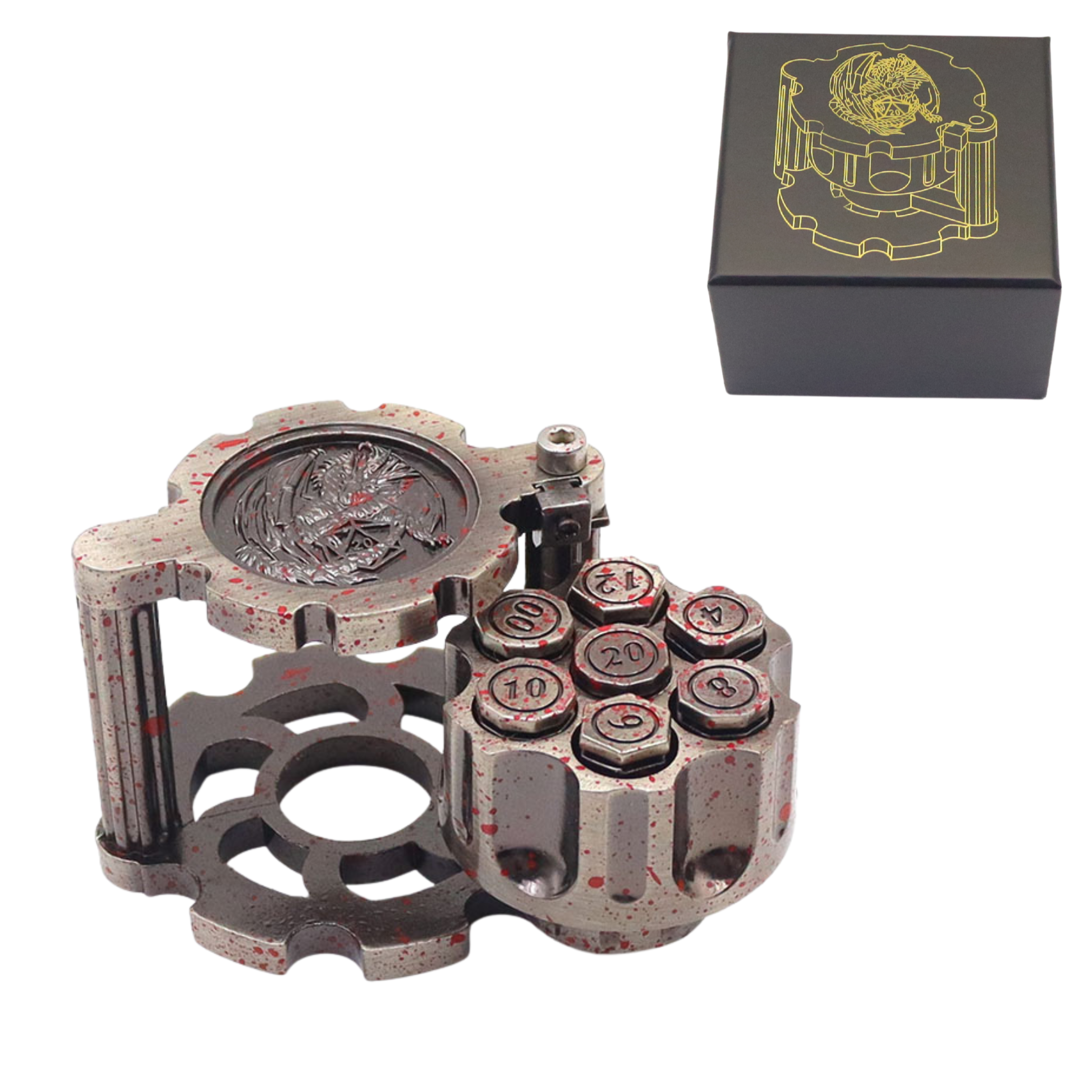 Antique Silver 374g Heavyweight Metal Dice Spinner with 3D Dragon Relief and Sliding Hidden Compartment for RPG Gear