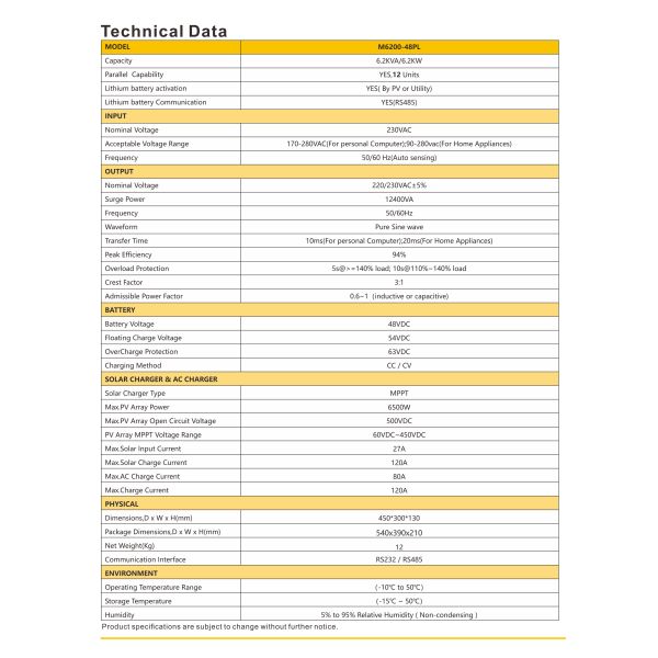 48В 6,2 кВт Гибридный солнечный инвертор с MPPT чистой синусоидой