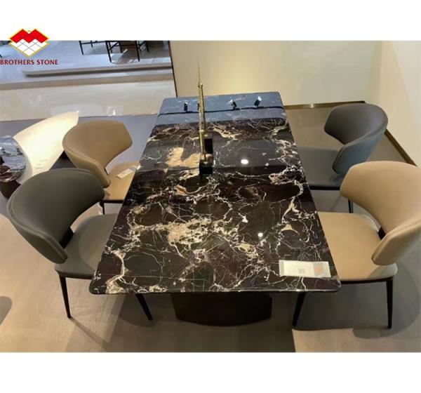Modern Polished Black Rose Marble Big Slab Dining Table Set for Villa and Hotel Design