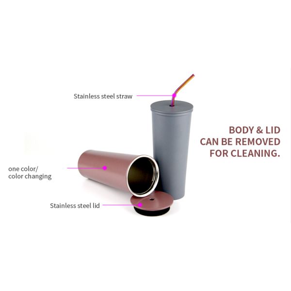 Reutilizables 700ml de boca ancha Logotipo personalizado Tumblers de acero inoxidable Taza de viaje personalizada de acero inoxidable con paja Construcción de vacío de doble pared