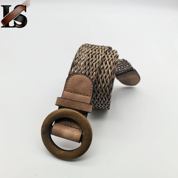 Fashion Bohemian Style Wholesale Stretch PP Straw Woven Round Rattan Wooden Buckle Belt