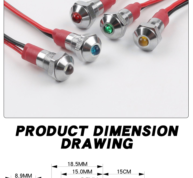 HongYe YZ-6MM-DDZ Waterproof IP65 Metal LED Indicator Light Multi-color 50,000 Hours Lifespan 6V-24V-220V for Industrial
