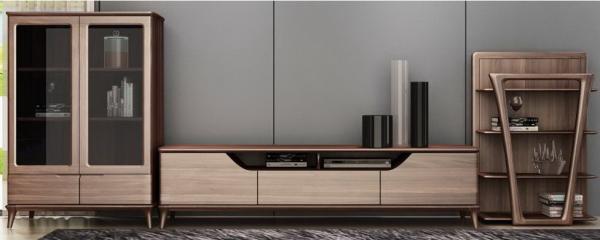 2017 New Walnut Wood Furniture Design Living room Combined TV Wall Units by Tall Cabinets and Floor stand & Hang Racks