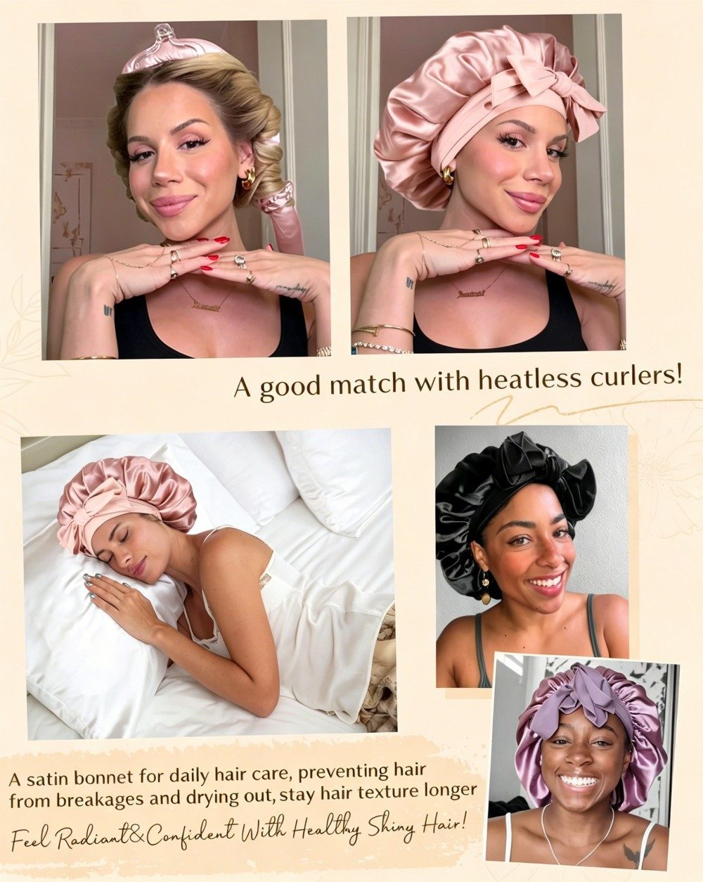 Adjustable Satin Silk Lined Double Layer Hair Bonnet With Tie Band