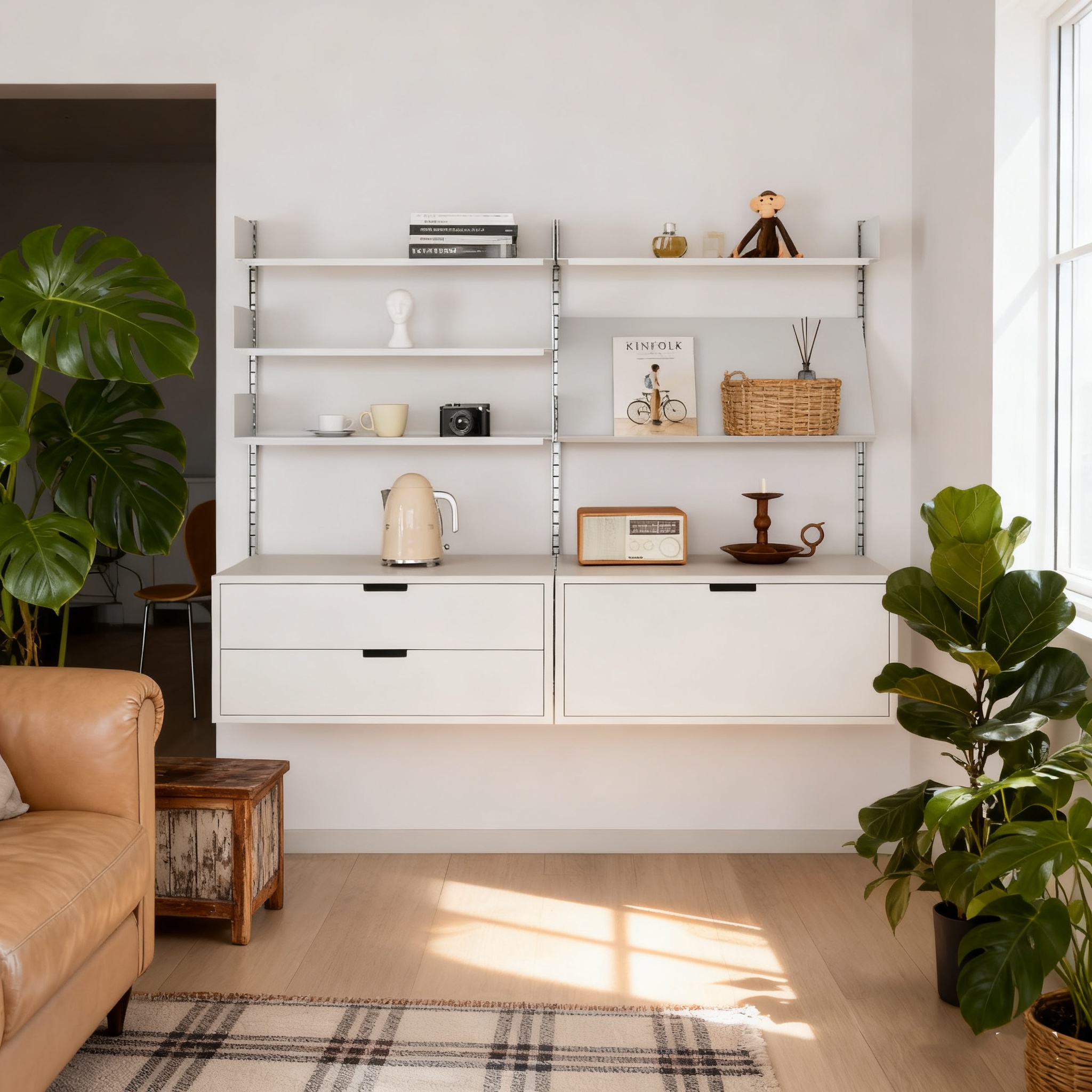 White Steel Floating Wall Modular Shelf System Adjustable Track Post Living Room Food Clothing Storage 5-Layer Modern Design