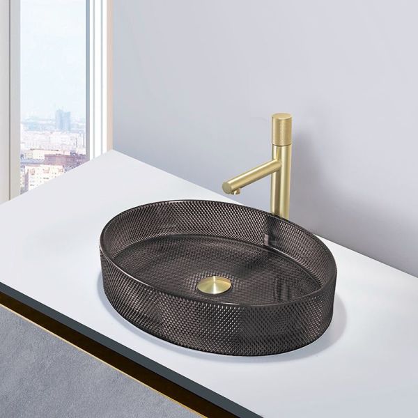 Oval Shaped Glass Vessel Basins Transparent Black Flat Bottom Bathroom Sinks