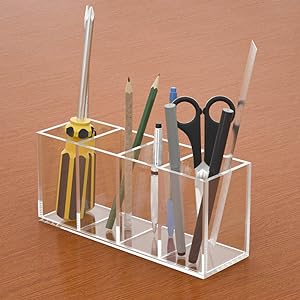 Acrylic Pen Holder 4 Compartments,Clear Pen Holder Organizer Makeup Brush Holder for Office Desk Accessories,Cosmetic