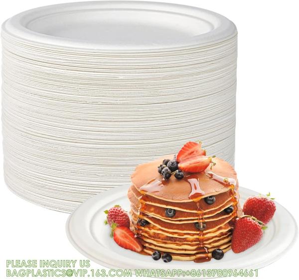 100% Compostable 10 Inch Paper Plates, Heavy Duty Paper Plates, Disposable Biodegradable Eco-Friendly Sugarcane