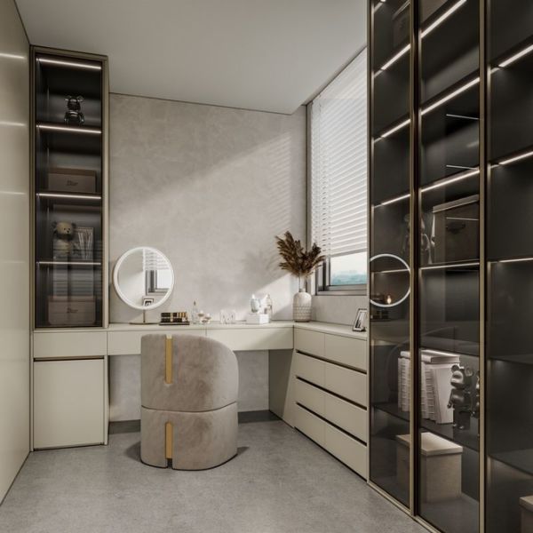 Effortless Style And Functionality Modern U-Shaped Wardrobe With White-Almond Doors