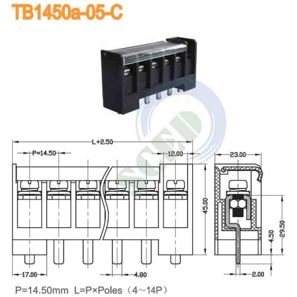 Pitch 14.50mm 600V 57A 4-14P Barrier Terminal Block Connector PBT M5 22-6 AWG Power Terminal Block