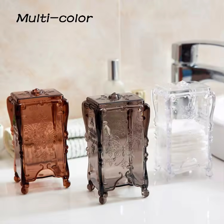 Retro Style Acrylic Plastic Mascara Pad Organizer Vertical Makeup Remover Pad Dustproof Removable Box with Lid